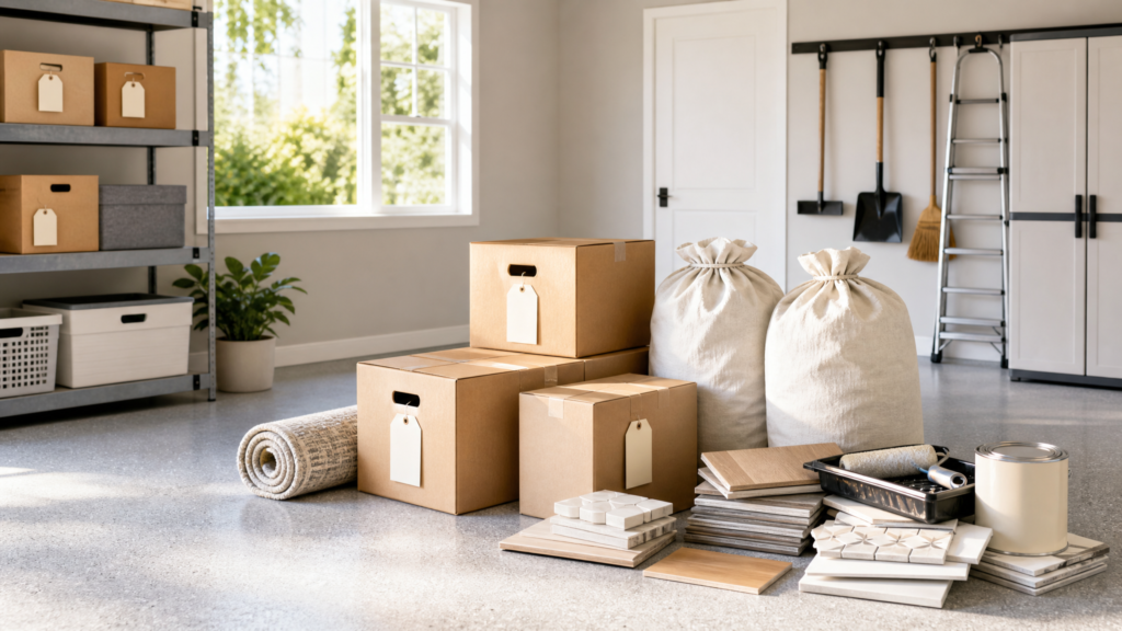 Neatly sorted boxes and household items before a remodel or home sale